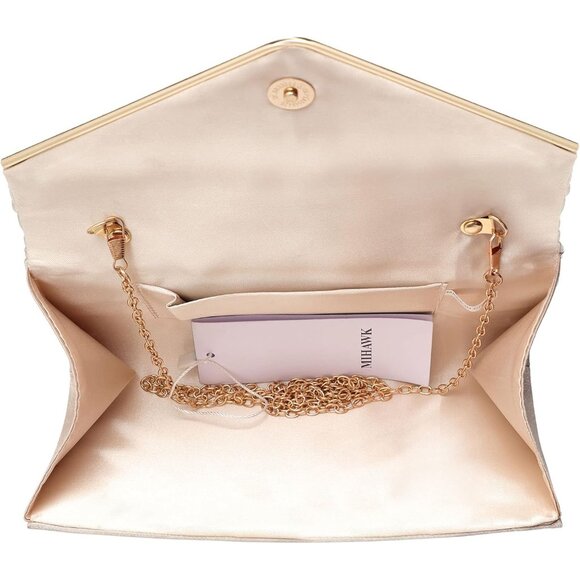 ⚡ Women's Evening Rhinestones Envelope Style Chain Strap Tan Clutch Handbag - Picture 5 of 6